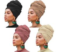 XTREND 4 Pieces Large African Turban Head Scarves for Black Women African Knit Headwraps Solid Color Leopard Scarf(Black, Dark Pink, Camel, Beige)