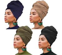 XTREND 4 Pieces Stretch Head Wrap Hair Scarf Headband Jersey Turban Knit Headwraps Urban Hair Wrap Solid Color Ultra Soft Extra Long Breathable Tie for Women(Black,Army Green,Navy,Camel)