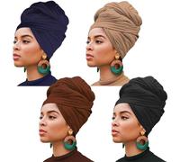 XTREND 4 Pieces Stretch Head Wrap Hair Scarf Headband Jersey Turban Knit Headwraps Urban Hair Wrap Solid Color Ultra Soft Extra Long Breathable Tie for Women(Black,Coffee,Navy,Camel)
