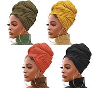 XTREND 4 Pieces Stretch Head Wrap Hair Scarf Headband Jersey Turban Knit Headwraps Urban Hair Wrap Solid Color Ultra Soft Extra Long Breathable Tie for Women(Black, Army Green, Turmeric, Orange)