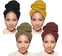 XTREND 4 Pieces Stretch Head Wrap Hair Scarf Headband Jersey Turban Knit Headwraps Urban Hair Wrap Solid Color Ultra Soft Extra Long Breathable Tie for Women(Black,Coffee Army,green,Turmeric)