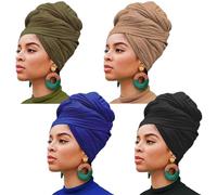 XTREND 4 Pieces Stretch Head Wrap Hair Scarf Headband Jersey Turban Knit Headwraps Urban Hair Wrap Solid Color Ultra Soft Extra Long Breathable Tie for Women(Camel,Royal Blue,Black,Army Green)
