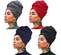 Xtrend 4 Pieces Stretch Jersey Turban Head Wrap Extra Long Knit Headwraps Urban Hair Ultra Soft Solid Color Lightweight Breathable African Head Band Tie for Women(Black,Navy,Dark Gray,Wine Red)