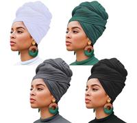 Xtrend 4 Pieces Stretch Jersey Turban Head Wrap for Black Women Knit Headwraps Urban Hair Scarf Solid Color Ultra Soft Extra Long Breathable Head Band Tie (Black,Green,Dark Gray,White)