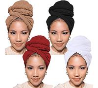 Xtrend 4 Pieces Stretch Jersey Turban Head Wrap Knit Headwraps Urban Hair Scarf Solid Color Breathable Ultra Soft Extra Long Head Band Tie for Women(Camel,Wine Red,Black,White)