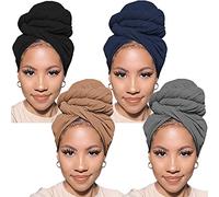 Xtrend 4 Pieces Stretchy Turban African Knit Headwraps Scarf Shawls Ultra Soft Extra Long Urban Long Head Band for Women(Black,Navy,Camel,Dark Grey)