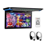 XTRONS 15.6 Inch Ultra-thin Car Ceiling Roof Mounted TFT 180° Max Open Angle 1080P Video Car Overhead Player Roof Mounted Monitor with HDMI/USB/SD Door Control 2pcs White IR Headphones Included