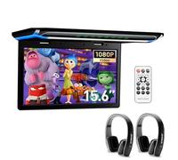 XTRONS 15.6 Inch Ultra-thin Car Ceiling Roof Mounted TFT 180° Max Open Angle 1080P Video Car Overhead Player Roof Mounted Monitor with HDMI/USB/SD Door Control 2 pcs Black IR Headphones Included