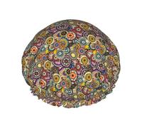 XTUAG Ethnic Circles Floral Pattern Shower Cap For Women, Elastic And Reusable,Double Waterproof Layers Bathing Hat