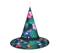 XTUAG Hawaii Red Flower Printing Halloween Witches Hats Led Witch Hat Adult Halloween Cosplay Party