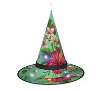 XTUAG Hawaiian Tropical Leaves Flowers Printing Halloween Witches Hats Led Witch Hat Adult Halloween Cosplay Party