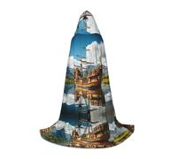 XTUAG Ship On The Blue Ocean Printing Hooded Capes For Teenagers Hooded Cloak Halloween Christmas Fancy Cape Costumes, Black, Medium