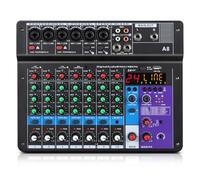 XTUGA A8 Audio Mixer 8 Channel USB Mixing Console, Sound Mixer with Bluetooth and 48V Phantom Power, Loopback Function, Suitable for Performances, Meetings, Live Broadcasts