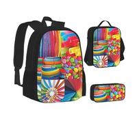 XTWPTOO Colorful Collage Print Canvas 3-in-1 School Bag Set with Backpack Lunch Bags Pencil Case Students Adults