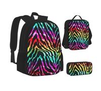 XTWPTOO Colorful Rainbow Zebra Print Canvas 3-in-1 School Bag Set with Backpack Lunch Bags Pencil Case Students Adults