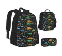 XTWPTOO Dinosaur Palm Leaf Print Canvas 3-in-1 School Bag Set with Backpack Lunch Bags Pencil Case Students Adults