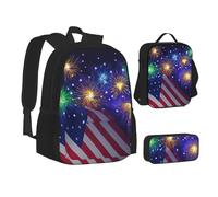 XTWPTOO Firework American Flag 4th of July Print Canvas 3-in-1 School Bag Set with Backpack Lunch Bags Pencil Case Students Adults