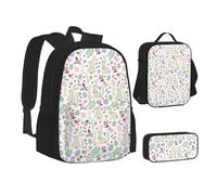 XTWPTOO Flowers Bunnies Birds Print Canvas 3-in-1 School Bag Set with Backpack Lunch Bags Pencil Case Students Adults