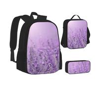 XTWPTOO Romantic Purple Lavender Print Canvas 3-in-1 School Bag Set with Backpack Lunch Bags Pencil Case Students Adults