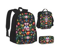 XTWPTOO Sugar Horror Skull and Flowers Print Canvas 3-in-1 School Bag Set with Backpack Lunch Bags Pencil Case Students Adults