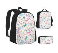 XTWPTOO Unicorns Red Print Canvas 3-in-1 School Bag Set with Backpack Lunch Bags Pencil Case Students Adults