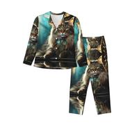 XTYGETY Mid-Century Modern Art Cat Print Long Sleeve Long Pants Pajamas For Women Women'S Pajama Sets 2-Piece Cozy Lounge Sets Black