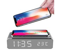Xuan Wei Wireless Charging Alarm Clock, LED Electric Alarm Clock with Phone Charger Wireless Desktop Digital Thermometer Clock Clock Mirror with Time Memory