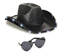 Xuancai Sparkly Sequins Cowboy Hat Shimmering For Bachelorette Party Stage Glowing Cowboy Hat Sequins LEDs Party Hats For Adults