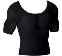 XUANFXPJ Men's Padded Muscle Shirt, Shaper False Muscle Chest T-Shirt Round Neck Comfort Compression Undershirt(L) Black