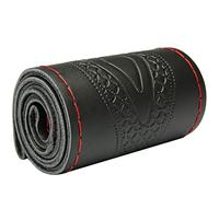 XuanMax Knitting DIY Genuine Leather Car Steering Wheel Covers with Needle/Thread Sewing 38cm Steering Wheel Sleeve Protector Stitch On Embossing Universal Breathable Steering Wheel Wrap - Red Line
