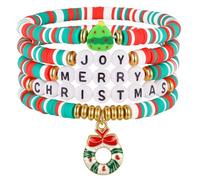 XUANPAI Christmas Beaded Bracelet Set for Women, Stretchy Multi-Layer Stacking Bracelets with Santa/Tree/Bell Charms, Gold Plated 6.29 Inch (Garland alphabet beads, 6.29 inches)