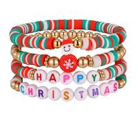 XUANPAI Christmas Beaded Bracelet Set for Women, Stretchy Multi-Layer Stacking Bracelets with Santa/Tree/Bell Charms, Gold Plated 6.29 Inch (Snowflake alphabet beads, 6.29 inches)