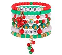 XUANPAI Christmas Beaded Bracelet Set for Women, Stretchy Multi-Layer Stacking Bracelets with Santa/Tree/Bell Charms, Gold Plated 6.29 Inch (Jingle bells, 6.29 inches)
