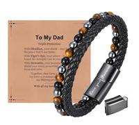 XUANPAI Men Bracelet for Dad, Gift for Father, Obsidian Tiger Eye Hematite Beads & Leather, Magnetic Clasp Adjustable 8.3-9 Inch, Fathers Day Gift from Daughter Son with Blessing Card