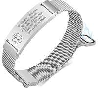XUANPAI Men Medical Alert Id Bracelet for Women, Custom Engraving Adjustable Stainless Steel Customizable Mesh Emergency Survival Medic Bracelets Wristband Loop Band(16MM Silver)