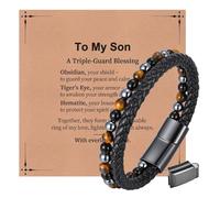 XUANPAI Men's Beads Bracelet for Son-Double Layer Black Onyx Tiger Eye Hematite, Magnetic Clasp Adjustable 8.3-9 Inch, Gift for Son with Blessing Card, Mens Bracelet