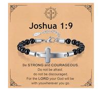 XUANPAI Men's Cross Bracelet, Stainless Steel Black Onyx Beads, Joshua 1:9 Gift, Adjustable 7.7-8.5 Inch Religious Jewellery for Men, Spiritual Protection Gift Easter Christian God Jesus