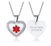 XUANPAI PACEMAKER Custom Engraving Emergency Medical Alert ID Neklace Cubic Zircon Heart Pendant for Women Girls,Chain 20"