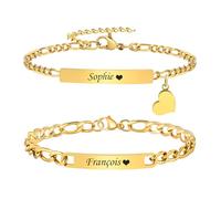 XUANPAI Personalised Engraving Couple Bracelets for Christmas - Stainless Steel Figaro Link Bracelet Couple Matching Bracelets Anniversary Valentine's Lover Gift for Men Women Gold