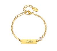 XUANPAI Personalised Name Bracelet for Girls - Stainless Steel Rectangle Plate with White Zircon - Custom Engraved Birthday Date Gift - Adjustable 5.9" Gold Plated