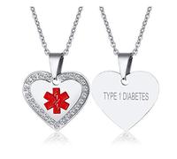 XUANPAI TYPE 1 DIABETES Custom Engraving Emergency Medical Alert ID Neklace Cubic Zircon Heart Pendant for Women Girls,Chain 20"