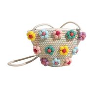 Xuanxi Casual Woven Small Bucket Bag With Colorful Fabric Flower Accents Beach Vacation Zippered Crossbody Shoulder Bag Purse Korean Fashion Bucket