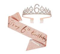 XUANYUQL 6th Birthday Sash and Tiara Set - Rose Gold Birthday Sash, Crown, Party Favors for Girls