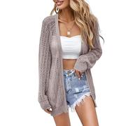 XuBa Women Crochet Lightweight Cardigan Cover Up Open Front Long Sleeve Summer Cardigans, Light Gray, M
