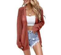 XuBa Women's Summer, Light Thin Crochet Long Sleeve Beach Cardigan Cover Up, Brown (rust), XXL