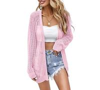 XuBa Women's Summer, Light Thin Crochet Long Sleeve Beach Cardigan Cover Up, pink, L