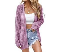 XuBa Women's Summer, Light Thin Crochet Long Sleeve Beach Cardigan Cover Up, purple, XXL