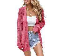 XuBa Women's Summer, Light Thin Crochet Long Sleeve Beach Cardigan Cover Up, rose red, S