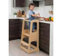 XUBBY LULLZA Natural Wood Toddler Kitchen Tower - 3-Level Adjustable Standing Stool with Safety Design for Toddlers Ages 1-6, CE Certified