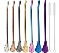 XUBX 7 Pcs Stainless Steel Straw Spoon with 2 Cleaning Brush, Reusable Drinking Straws with Spoons, Metal Straws with Head Filter, 7 Colors, for Smoothies Milkshakes Coffee Cocktail